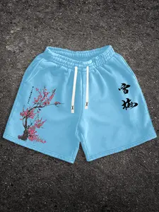 Men's Loose, Oversized Drawstring Sweat Shorts, Oriental Plum Blossom Ink Painting & Japanese Kanji Side Graphic Print Elastic Waist Asian Harajuku Streetwear Casual Workout Shorts #PlumBlossomShorts #JapaneseKanjiPrint #OrientalStreetwear