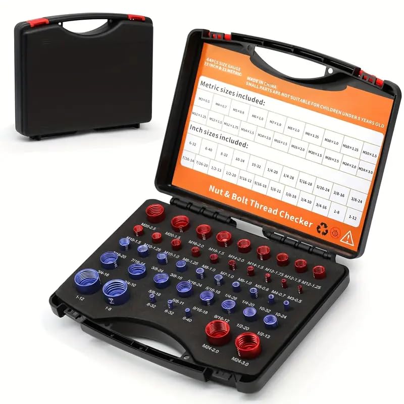 44PCS Nut and Bolt Thread Checker Kit, Thread Checker in Standard and Metric (23 Standard & 21 Metric), Bolt Size Finder Checker Thread Gauge for Quickly Identify