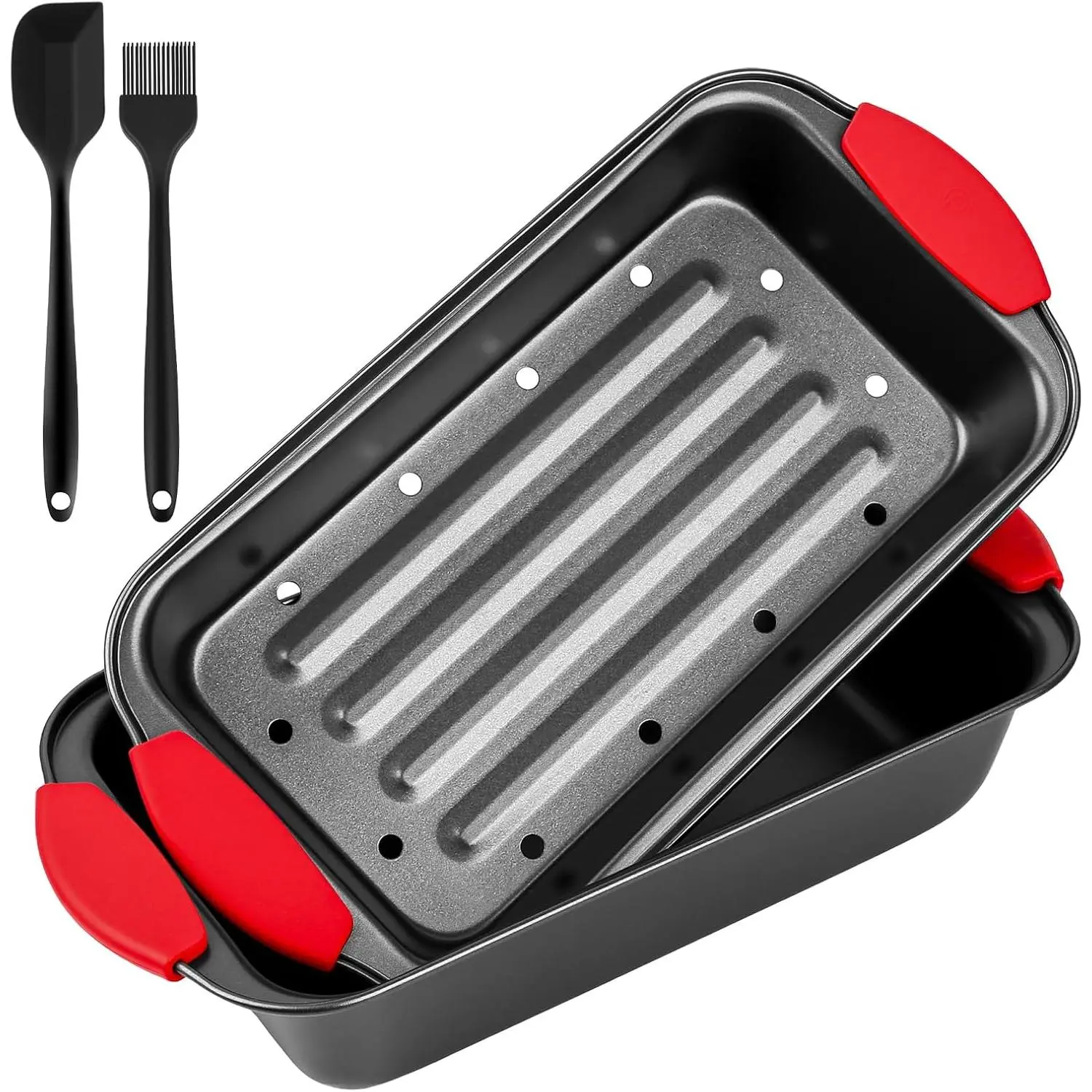 Meatloaf Pan with Drain Tray, 2 count Set Meat Loaf Pan with  Grip and Spatula & Basting Brush, Carbon Steel with Nonstick Coating, Oven Safe to 450°F, Versatile for Bread, Roasts, Cakes