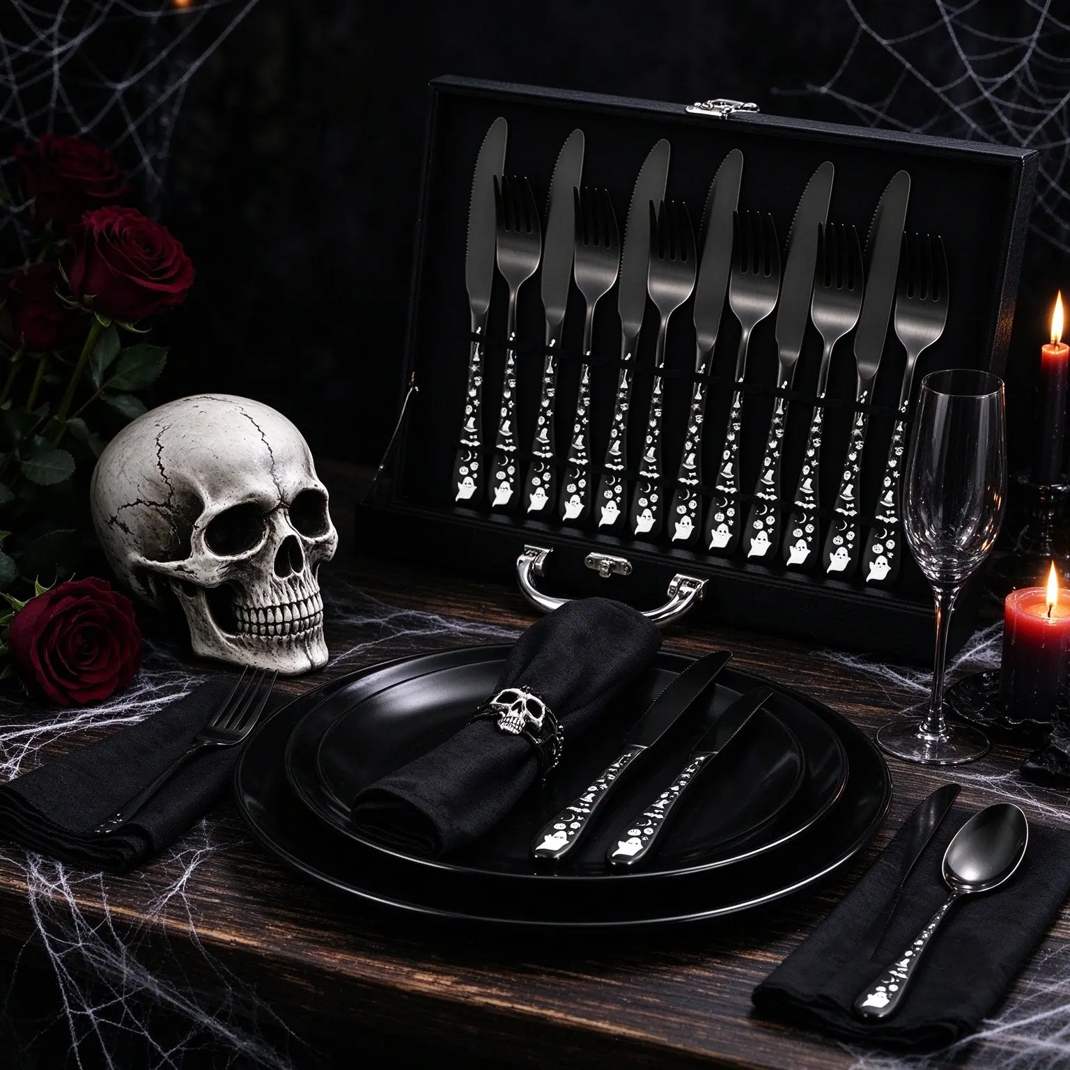 Halloween Gothic Stainless Steel Cutlery Set, Ghost & Pumpkin Pattern, Flatware Knife Fork Spoon, Perfect for Halloween Parties