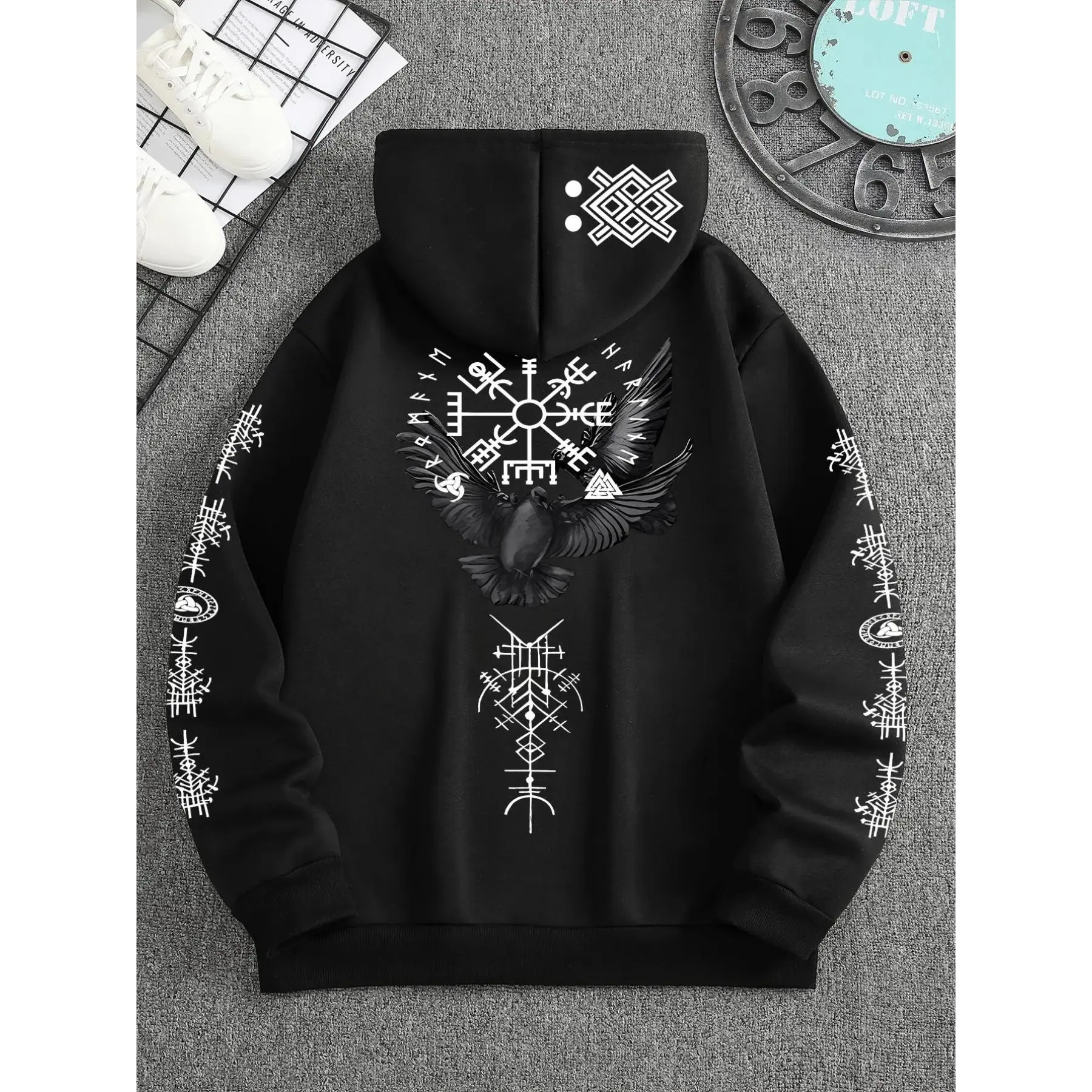 Men's Autumn Winter Viking Culture Mystery Runes Print Graphic Hoodie, Dark Cool Trendy, Eye-Catching, Fitted Casual Style
