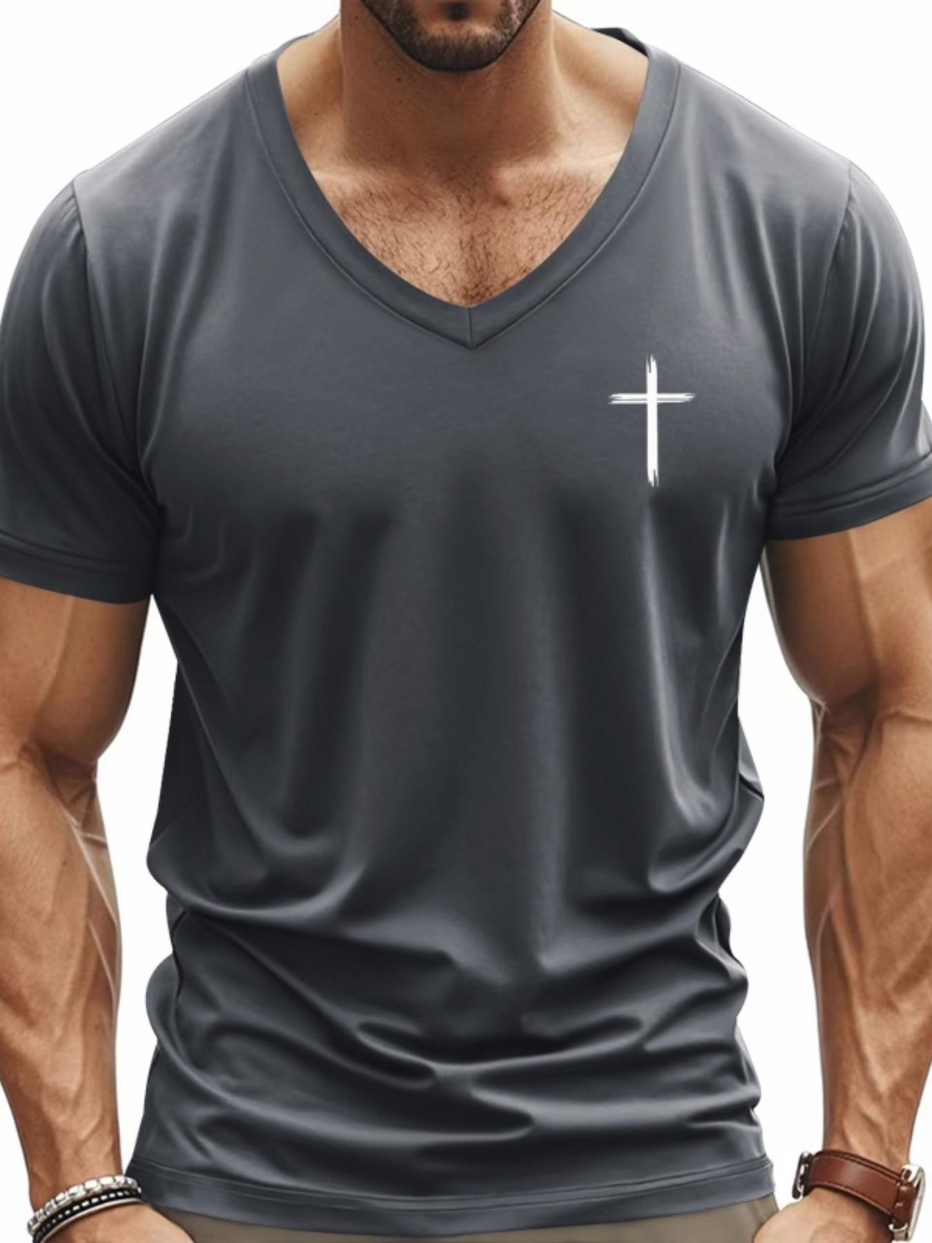 Men's Cross Print V Neck Tee, Regular Fit Casual Short Sleeve T-shirt for Summer, Men's Top for Daily Wear, Gym Tees, Gym Workout Shirt