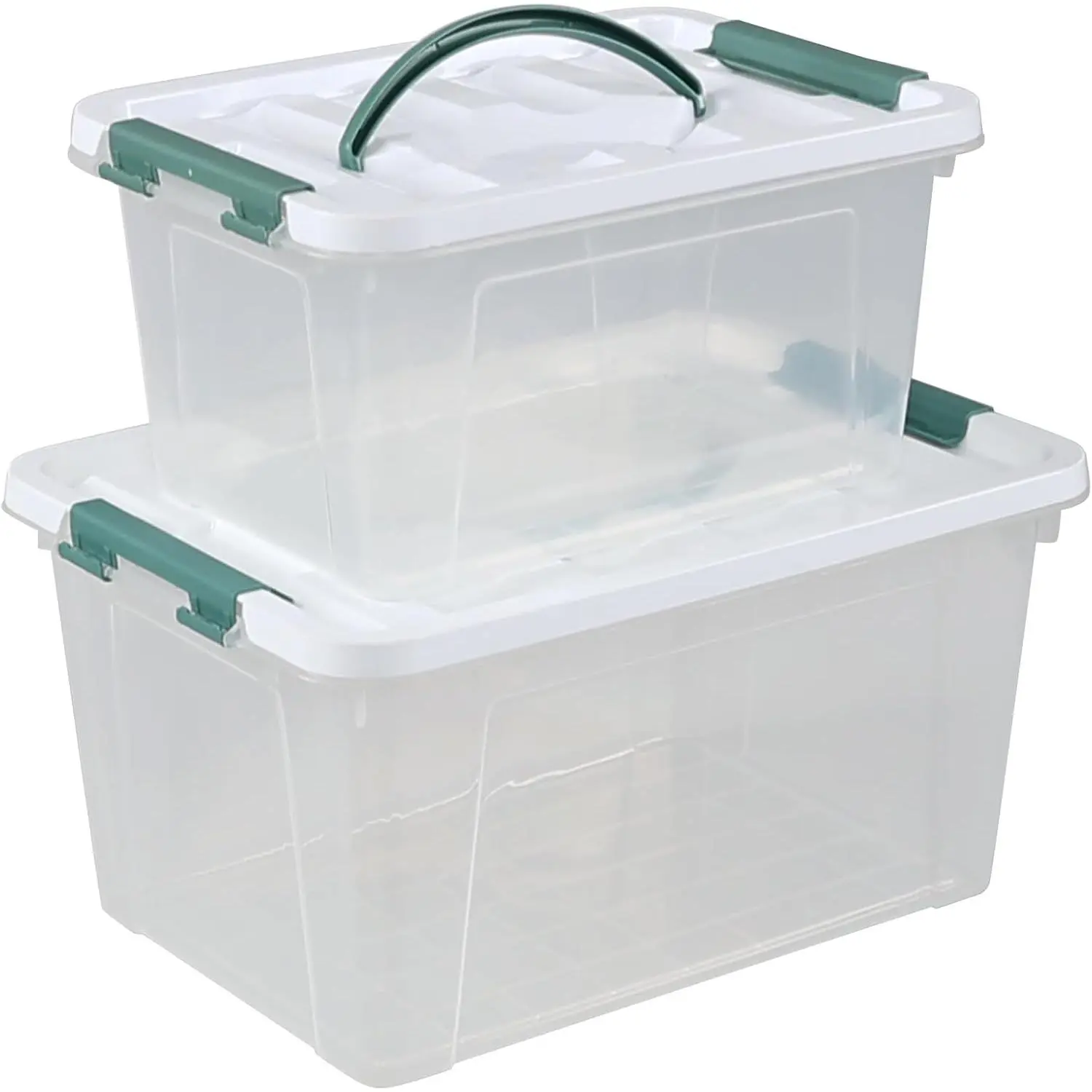 Clear Storage Latch Box/Bin, 2-Pack (14 QT & 7QT) | Plastic Organizing Container with Handle/, Stackable Organizer Boxes for Closet, Pantry, and Craft Storage