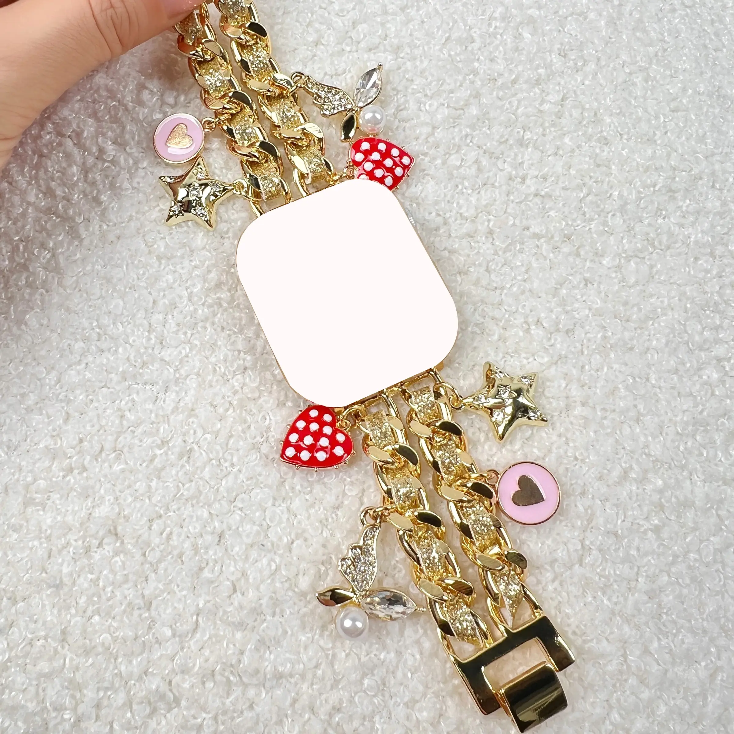 1PC Adjustable, double chain thin leather rope with red polka dot heart Smart Watch Strap, Wristband, Wearable Accessories, compatible with Apple Watch 38-45mm, suitable for Apple Watch series Ultra/SE/10/9/8/7/6/5/4 (only strap, no watch/case)