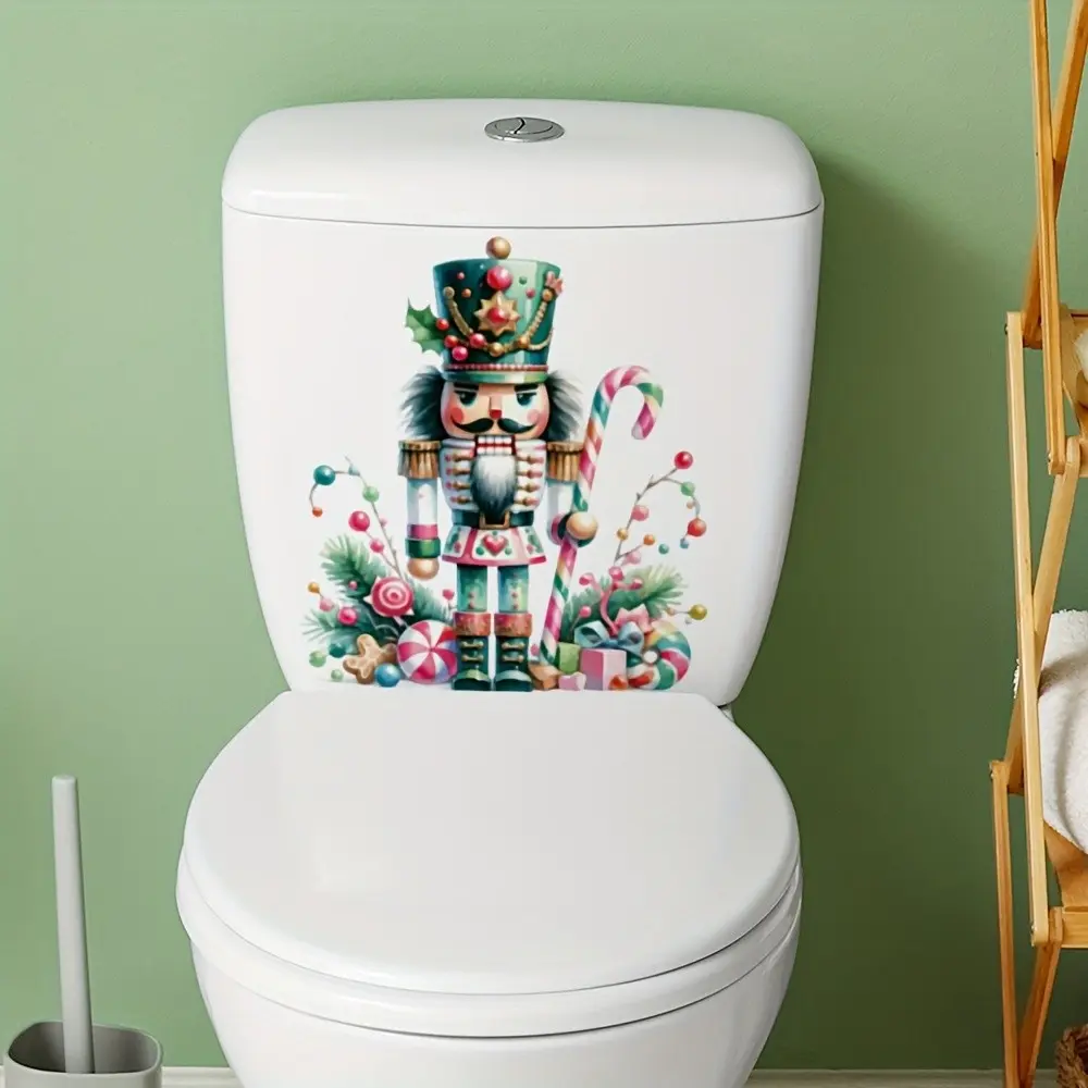 Christmas Self-Adhesive PVC Toilet Lid Sticker, Nutcracker Soldier Candy Cane Design, Bathroom Decor, Christmas Gift, Festive Atmosphere Enhancer, Decorations