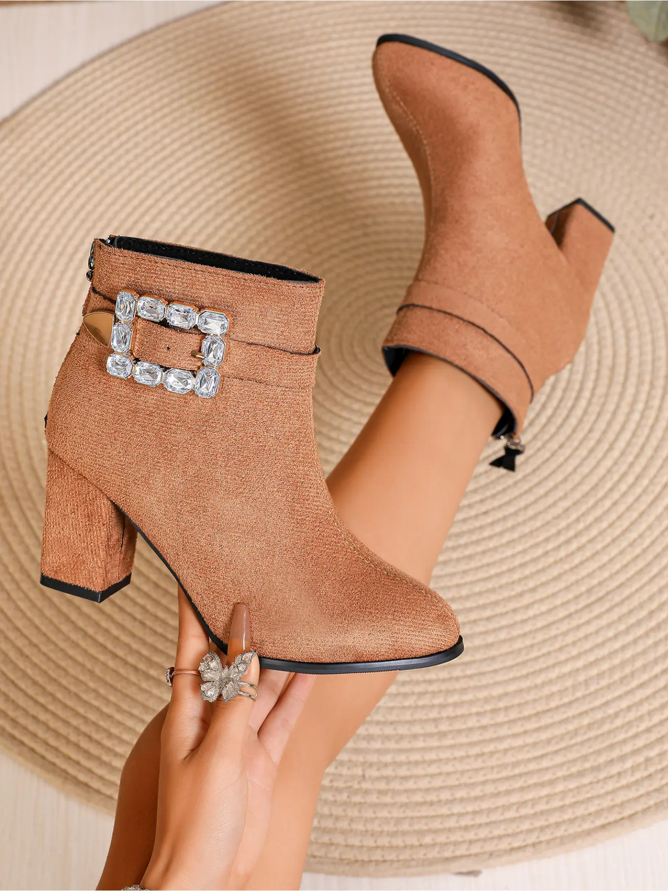 Ladies Elegant Big Rectangle Rhinestone Buckle Ankle Booties Matte Suede Upper Solid Block Heel Wedding Date Night Out Short Boots