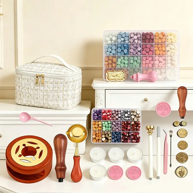 Vintage Warm Dream Series Wax Seal Kit, Mixed Metal Color Sealing Wax Beads, Wooden Melter, Small Scented Bag, Handmade Crafts, Wedding Invitations, Envelopes, Handmade Gifts, Handcraft