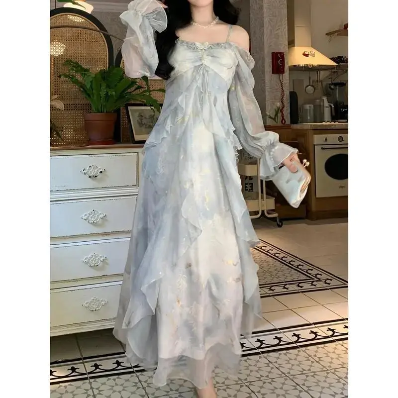 Elegant Lavender Blue Gradient Floral Print Long Sleeve Dress,With ruffle details - A Character Outline,Off-shoulder neckline,Polyester Fabric,Suitable for Spring and Summer,Lavender-colored jumpsuit Casual Womenswear wedding guest purple dress