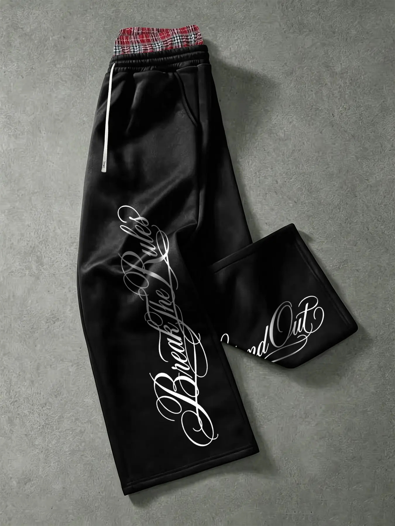 Men's American Chicano Script Wide Leg Sweatpants, Double Layer Fake Waist Drawstring Elastic Waist Straight Leg Long Pants, Street Fashion Casual Trousers, Streetwear
