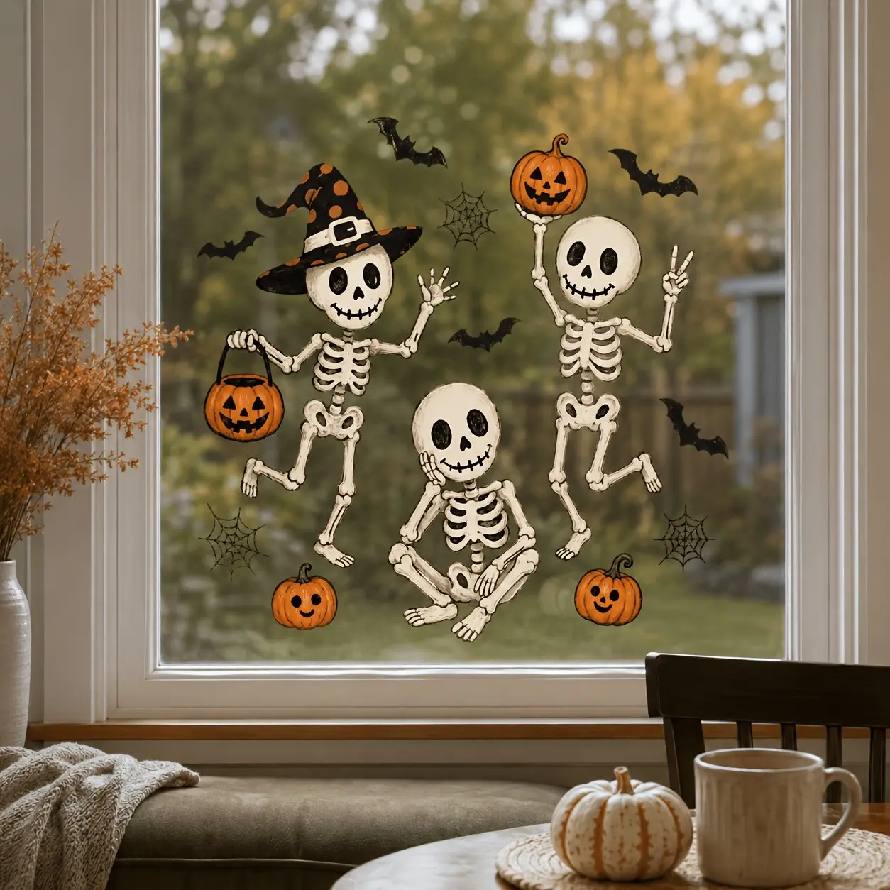 Halloween Skull Pumpkin Window Sticker, Hand-Drawn Illustration Style, Bat Spider Web Elements, PVC Static Peel-Off, Kitchen Living Room Bedroom Decor