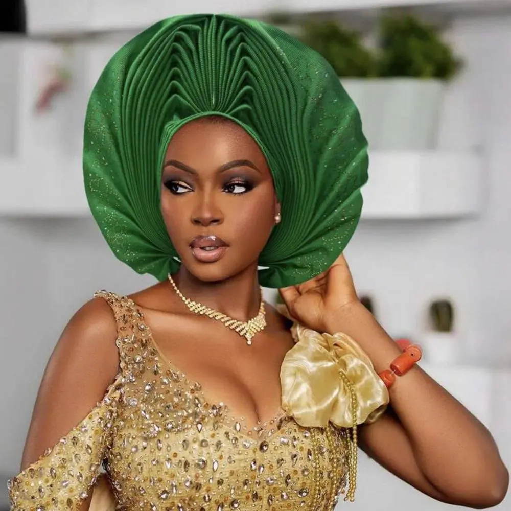 Women's Ethnic Already-Made Turban Headwrap - Female Formal Nigerian Wedding Headpiece, African Auto Gele Head Wrap Tie, Bonnet Hijab (Plants-Enhanced Design), Elegant