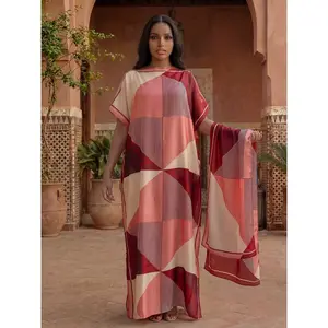 Women’s Geometric Print Robe Set – Long Beach Cover Up Shawl + Silk Scarf, Sun Protection Swimsuit Cover-Up for All Seasons Wear