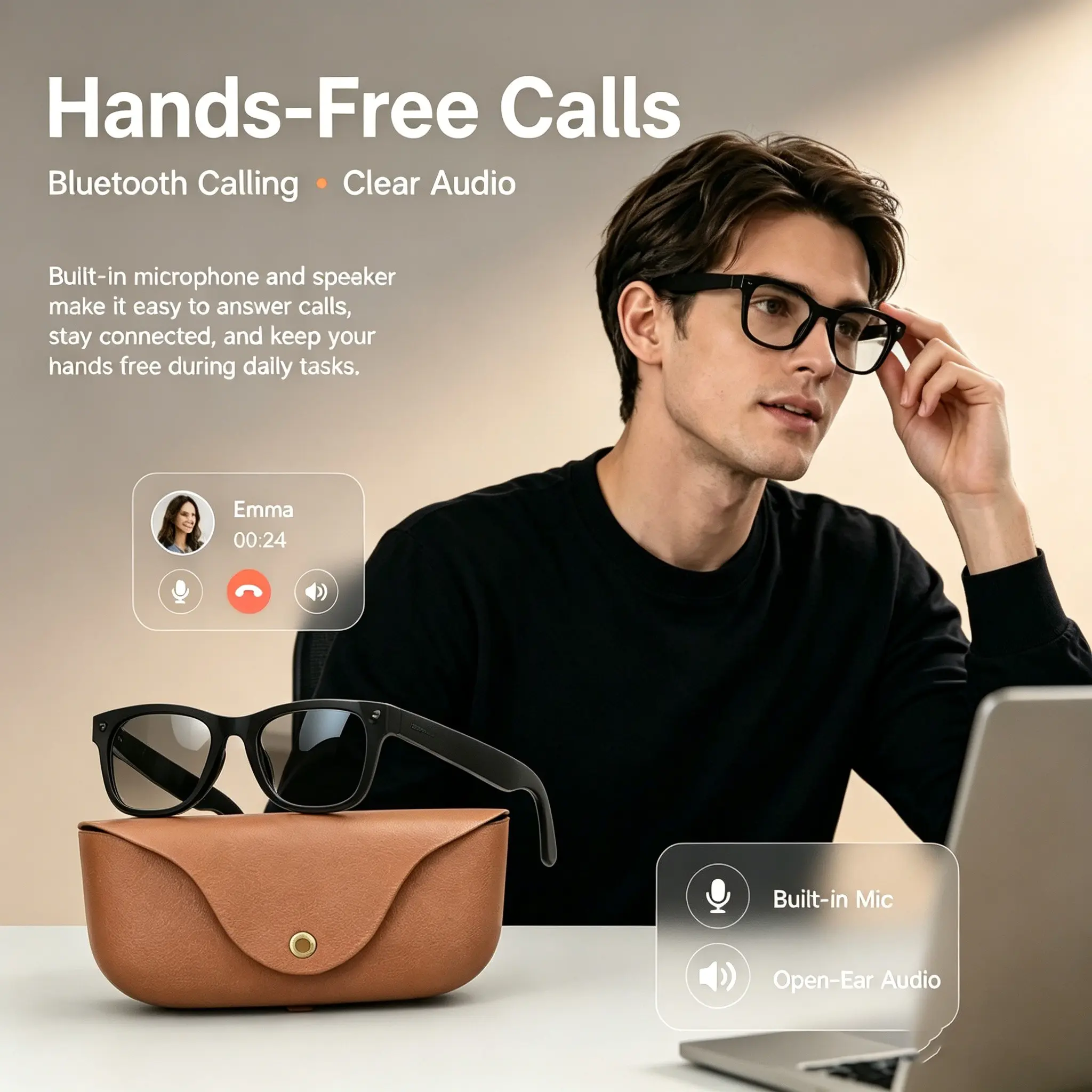 Mt5ultra Smart Ai Glasses with 2000mah Charger, 8mp HD Camera, 1080P Recording, Ai Translation, Hands-Free Call, Music, Daily Use, Office