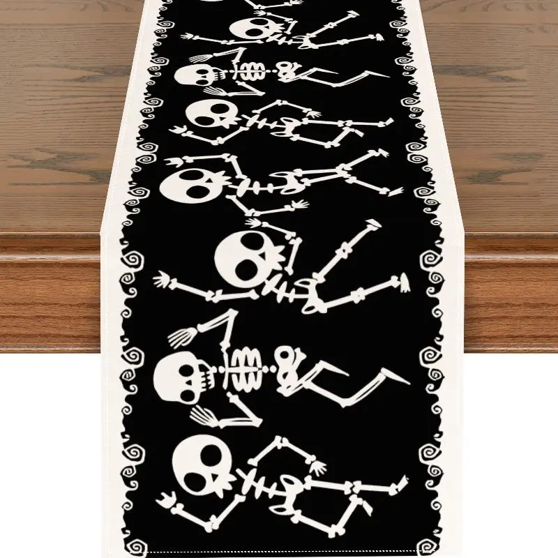 1pc of Halloween Table Runner Featuring Dancing Skeletons, a Humorous Black Linen Design Perfect for Seasonal Halloween Decorations in Home Kitchens And Dining Parties, Available in Sizes 13X48 Inches, 13X72 Inches, And 13X108 Inches