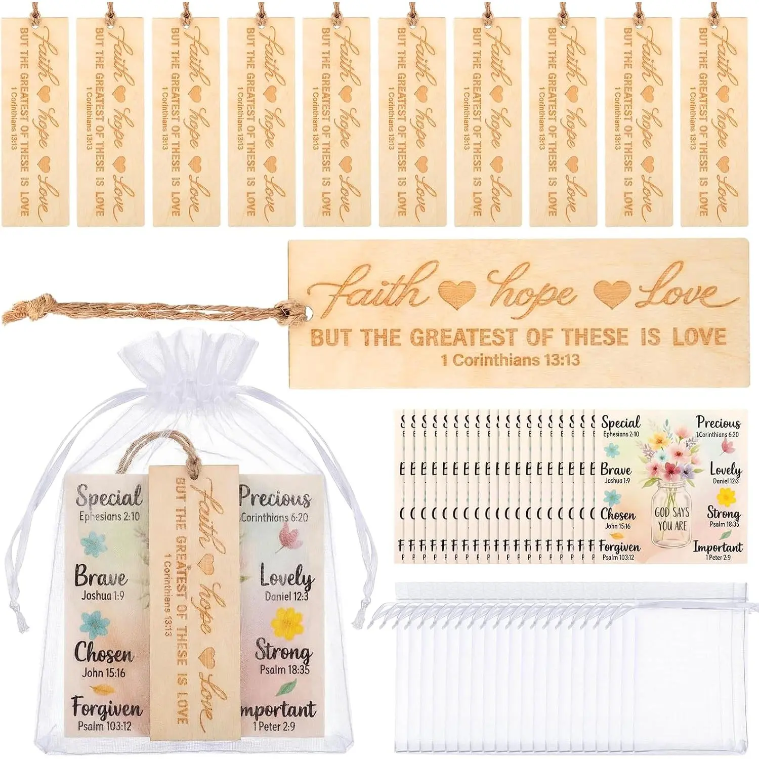 20 Sets Christian Gifts Bulk Baptism Favors for Guests Wedding Wooden Bookmarks Inspirational Cards, Mother's Day Organza Bag Christening Religious Inspirational  for Church Welcome