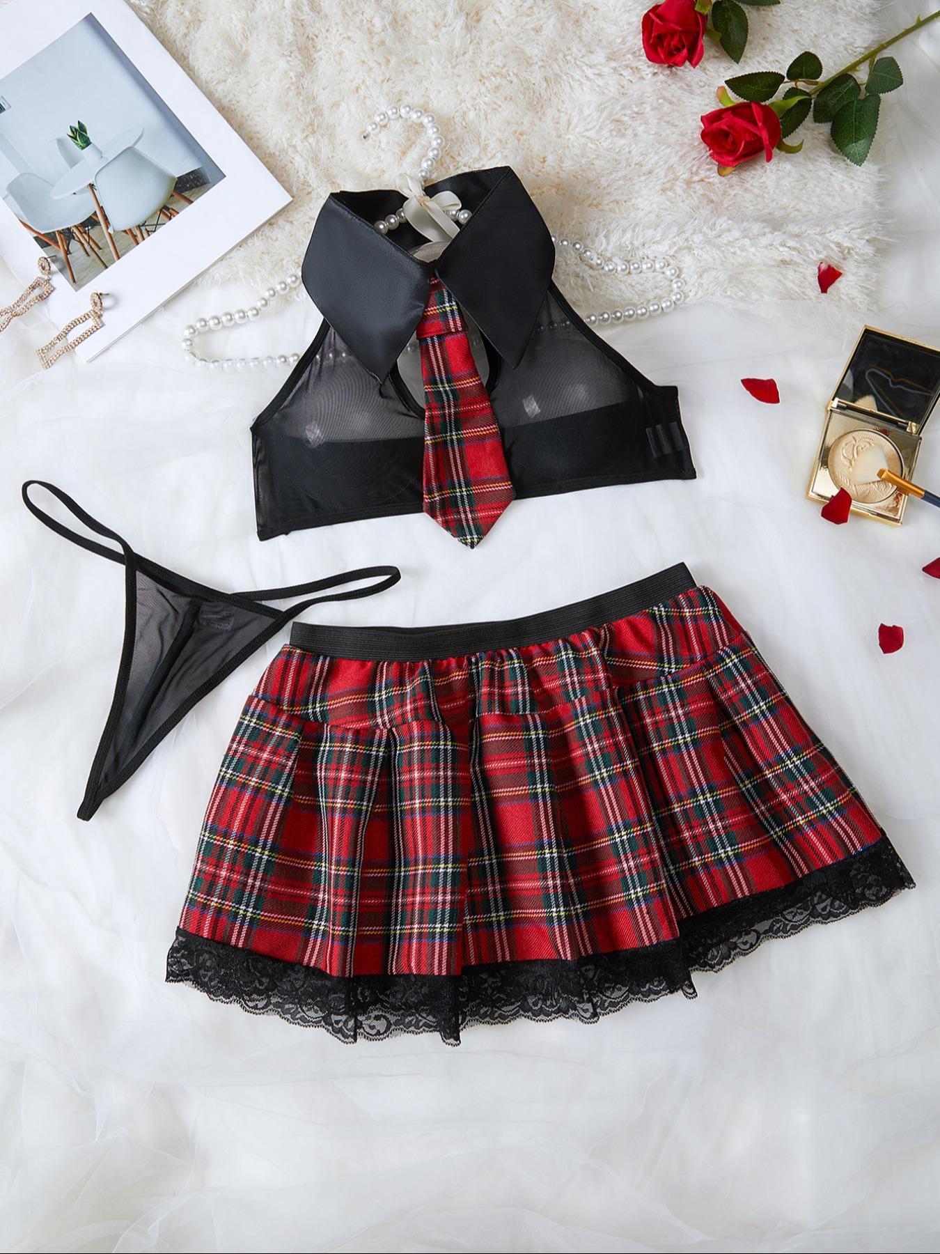 Women's Plaid Print Sheer Lace Sexy School Girl Lingerie Set, Breathable Elegance Romantic Sexy Tie Decor Halter Crop Top & Thong & Contrast Lace Skirt Set, Sexy Underwear Sets for Women, Lingerie for Women, Womenswear