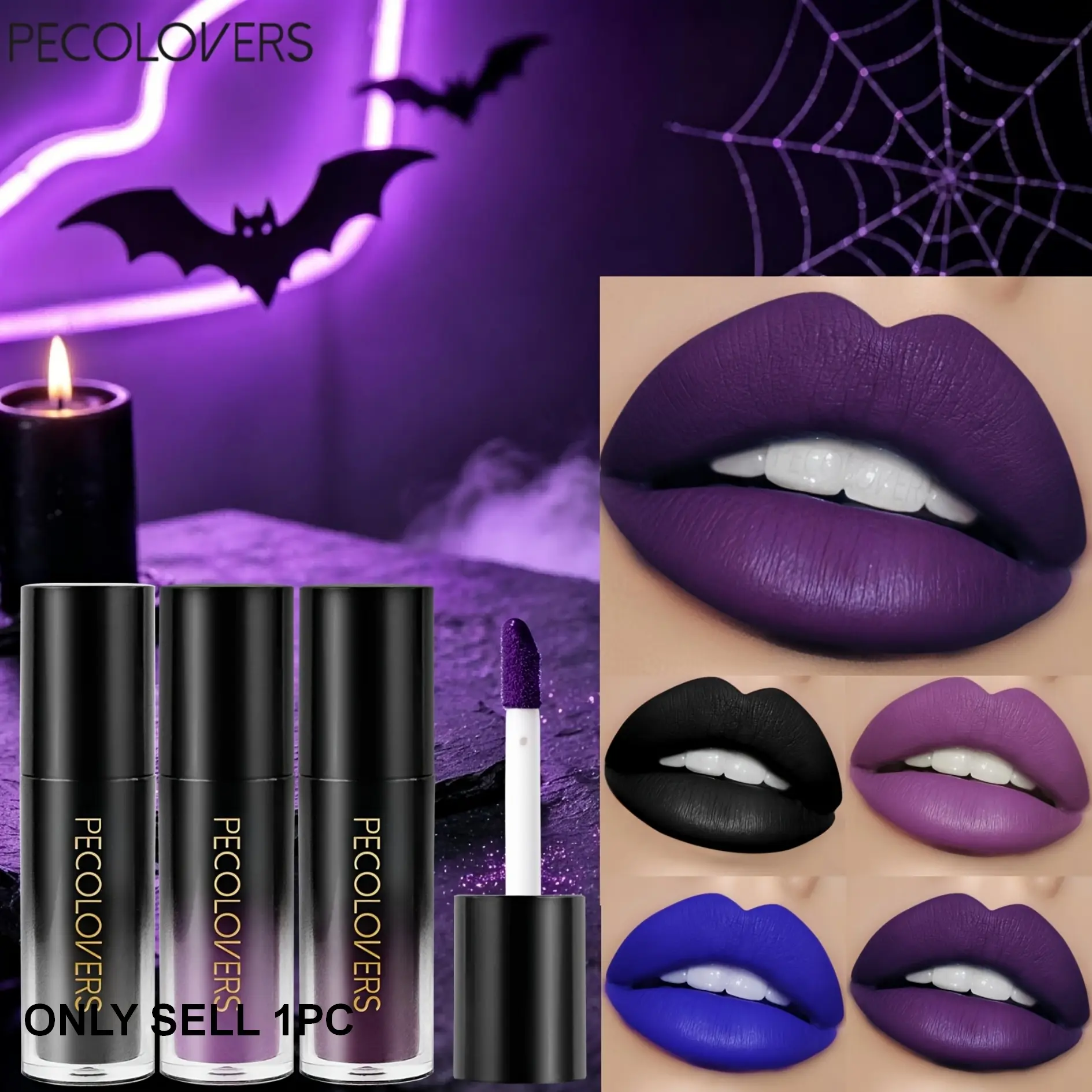 1PC Halloween Gothic Matte Liquid Lipstick, Dark Purple Blue Black Vampire Lip Gloss, Long-Lasting Non-Transfer Velvety Matte Lip Makeup Lip Cosmetic For Cosplay Party Costume Looks