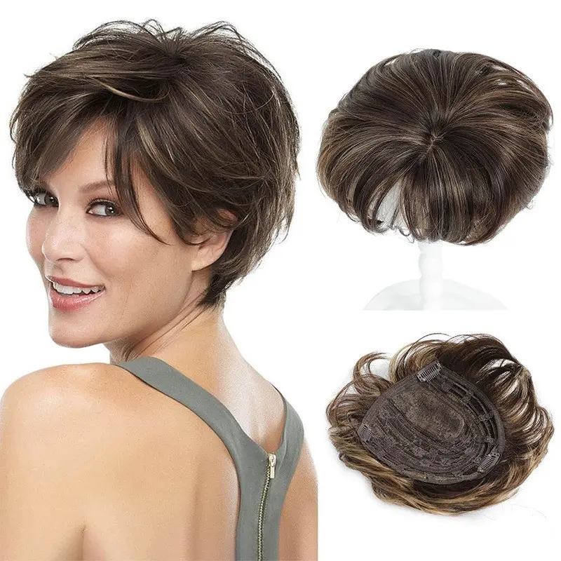 Short Curly Synthetic Hair Topper for European American Women, Breathable Lightweight Clip In Crown Hair Piece, Heat Resistant Hair Replacement to Add Volume & Cover Gray Hair for Thinning Hair Daily Wear
