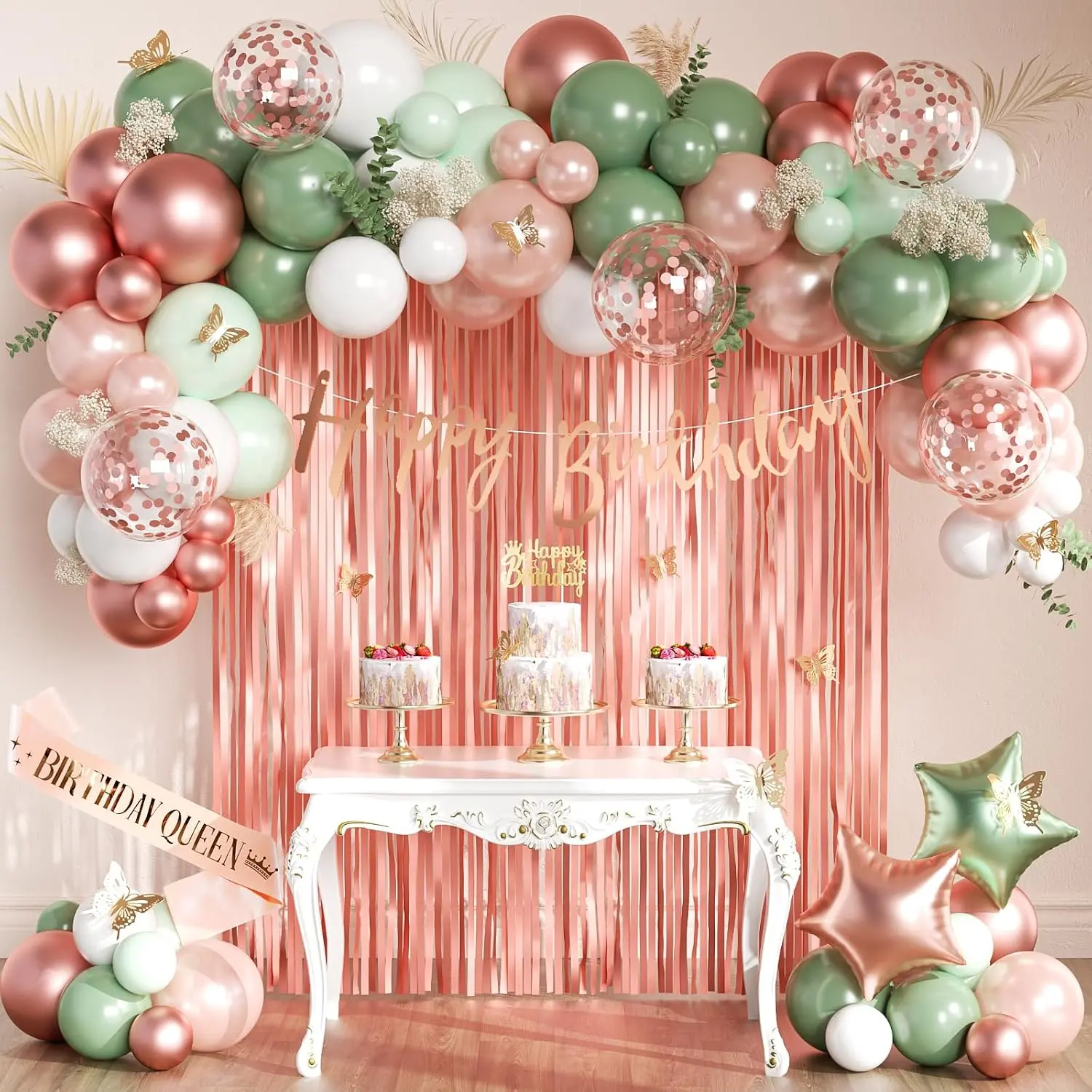 Sage Green and Rose  Birthday Party Decorations with Happy Birthday Banner, Green White Rose  Foil Balloons, Sash, Fringe Curtain, Cake Topper, Butterfly for Women Girls Party Supplies