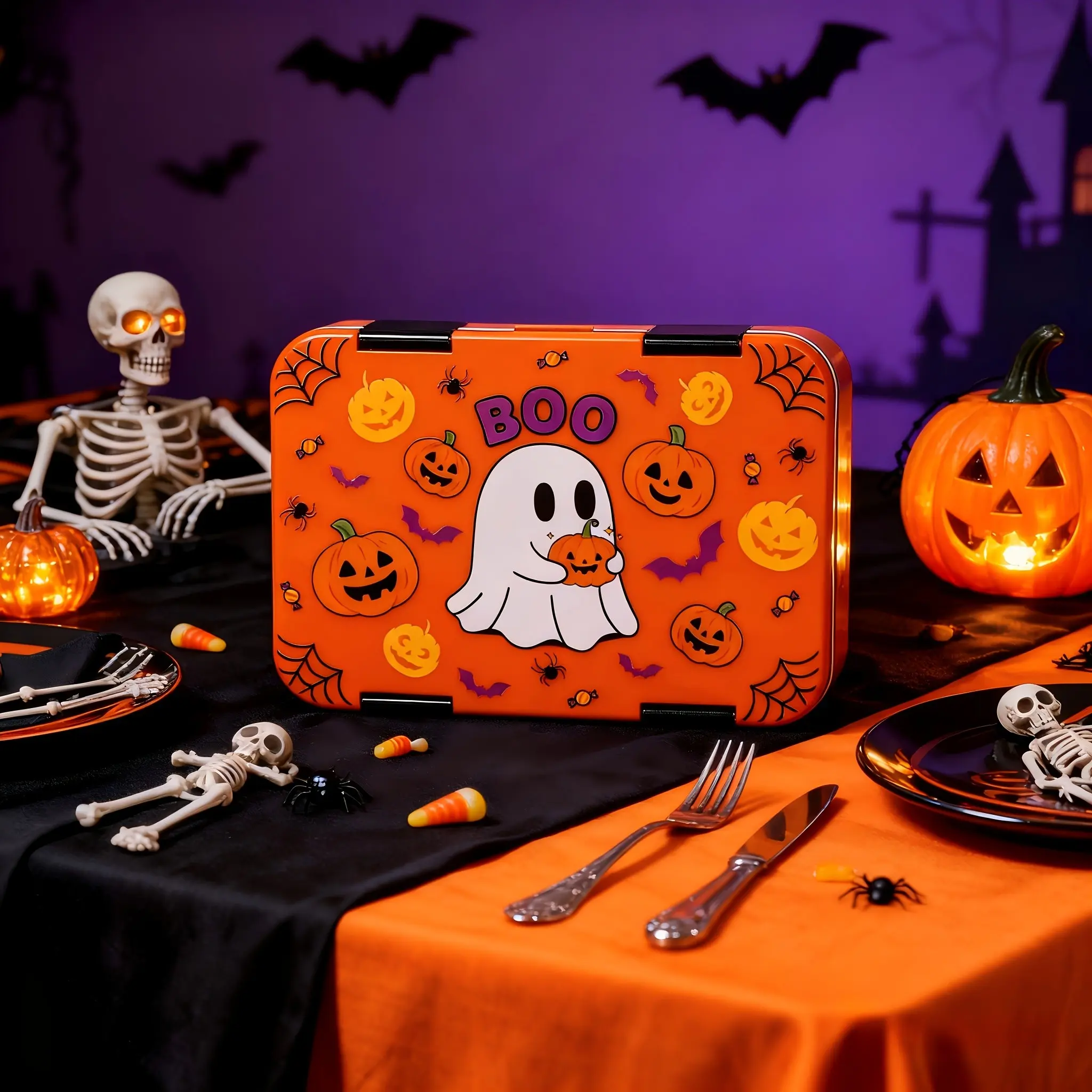 Halloween Ghost Pumpkin Bento Box, Cute Double Layer Adult Lunchbox, Leak-Proof Durable Plastic Snack Container, Office Picnic Meal Prep, Fun Fall Gift