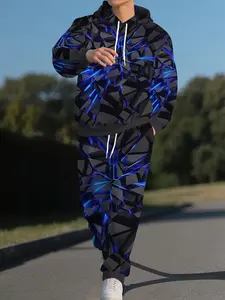 Men's Streetwear Hoodie Set, Loose-Fitting Long Sleeve Geometric Print, Casual Ankle-Length Pants, All-Seasons Fashion Ensemble