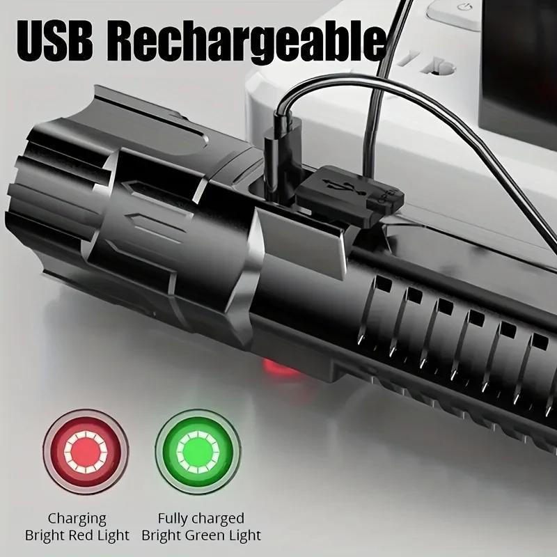 USB Rechargeable LED Flashlight, 1 Count Portable Zoom Flashlight, Multifunctional LED Flashlight for Camping, Hiking, Outdoor Camping Lighting