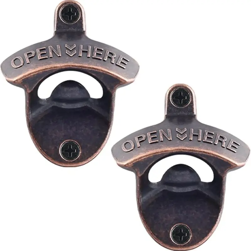Vintage Rustic Beer Opener Set, Wall-Mounted Antique Copper Stainless Steel, Installable Kitchen Soda Bottle Top Opener, 2 Pieces