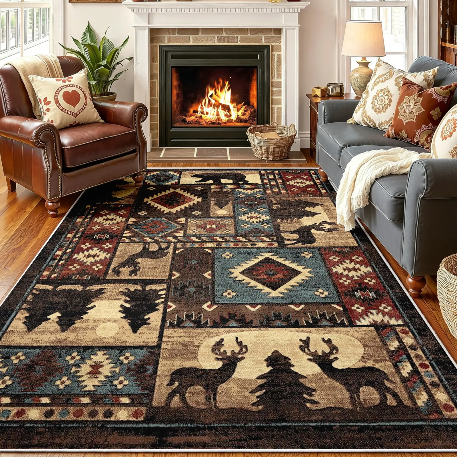 Rustic Faux-Wool Patchwork Area Rug - Southwest Aztec Geometric Wildlife Bears & Deer Pattern, Non-Slip Washable Durable Soft Pile Indoor Carpet, Contemporary Multi-Size Floor Mat for Living Room, Bedroom, Contemporary Home Decor