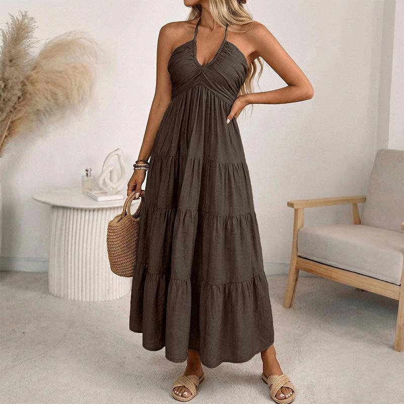 2026 Spring-Summer Solid Color Halter Beachwear Loose Long Dress Fashion Backless Pleated Dress