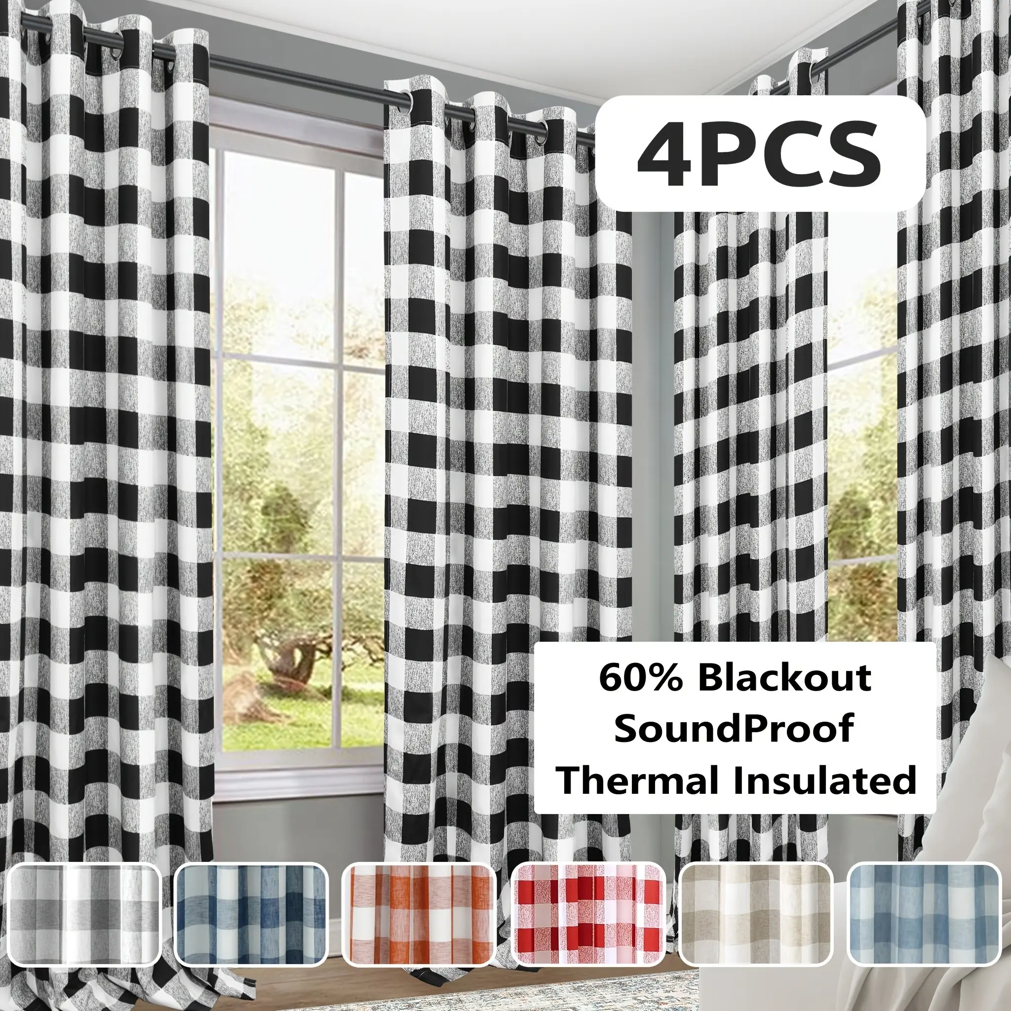 4 Panels Buffalo Plaid Check Curtains Blackout Room Darkening Thermal Insulated Buffalo Checkered Window Drapes for Farmhouse Bedroom Living Room Grommet Curtain