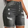 Women's Button-Front Ripped Denim Shorts, High-Waist Frayed Hem Stretch Fit Jean Shorts, Casual Streetwear, Bottoms, Jean Shorts High Waisted