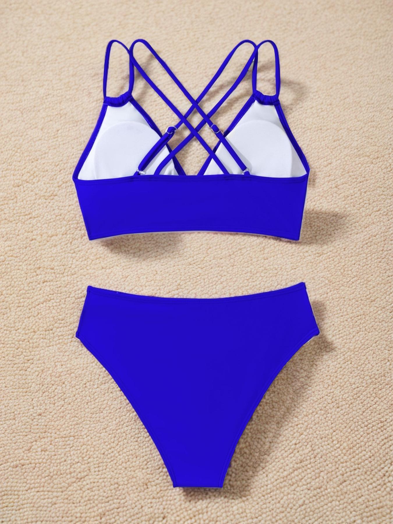 Women's Plain Cut Out Criss Cross Bikinis Set, Solid Double Strap Swim Top & High Waist Swim Bottom Swimsuit Set for Summer, Summer Outfits 2024, Women's Swimwear for Beach Holiday