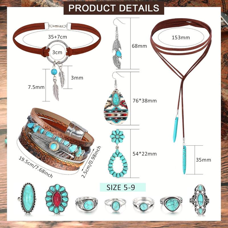 13PCS Bohemian Western Style Synthetic Turquoise Necklaces, Earrings, Bracelets, and Ring Sets for Women'S Daily Vacations, Party Wear, Jewelry, Holiday Gifts