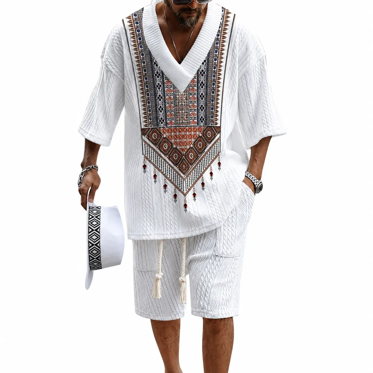 Men’s Casual Summer Two Piece Set, Lightweight Knit V Neck Shirt and Drawstring Shorts, Bohemian Ethnic Print Vacation Outfit for Beach, Travel, Resort and Streetwear