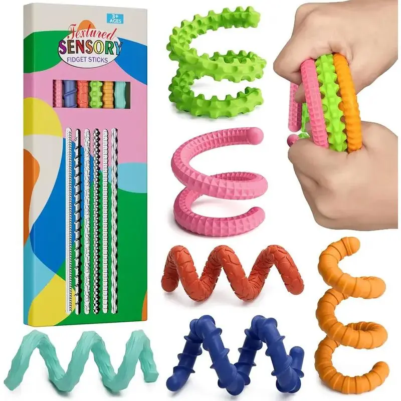 Sensory Fidget Sticks 6-Pack for Stress & Anxiety Relief, Flexible Toys for Kids & Adults, ADHD, Autism, Calm Down Travel