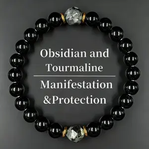 Obsidian & Black Tourmaline Bracelet - Manifestation & Protection Prosperity Crystal Beads Jewelry for Men & Women, Christmas Gift, Gifts for Mother's Day, Valentine's, Birthday, Anniversary, Black Grounding Stone Beaded Bracelet summerw FathersDayGift