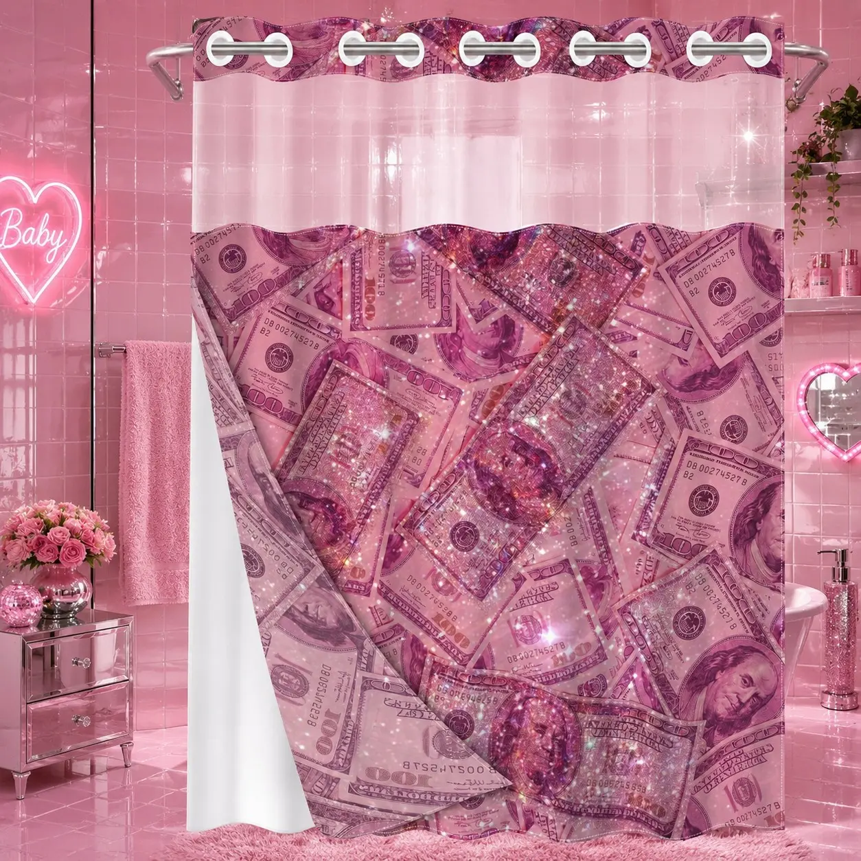 1PC 2D Flat No Hooks Double Layer Shower Curtain, Printed Shower Curtain, Pink Glitter Dollar Full Print Waterproof Fabric, Home Decor, Accessories for Hotel, Home Bathroom, Clear Top Window & Detachable Snap-In Liner, Room Divider, 71×74 Inch