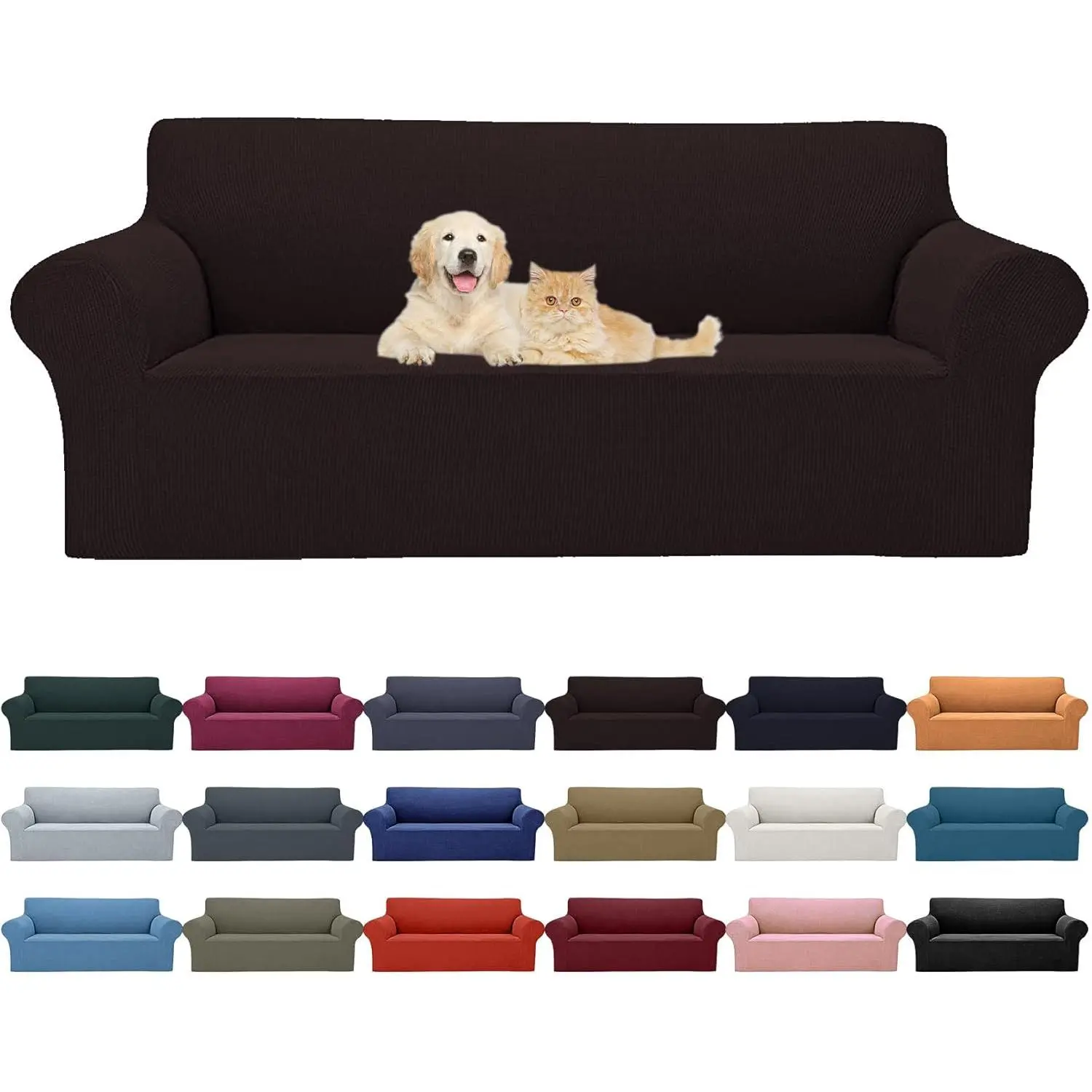 2026 New 93% Spandex Blend Stretch Sofa Slipcover - 3 Cushion Large Size Furniture Protector with Elastic Bottom, Small Checks, Wrinkle Resistant, Easy to Install for Pets - Chocolate Sofa
