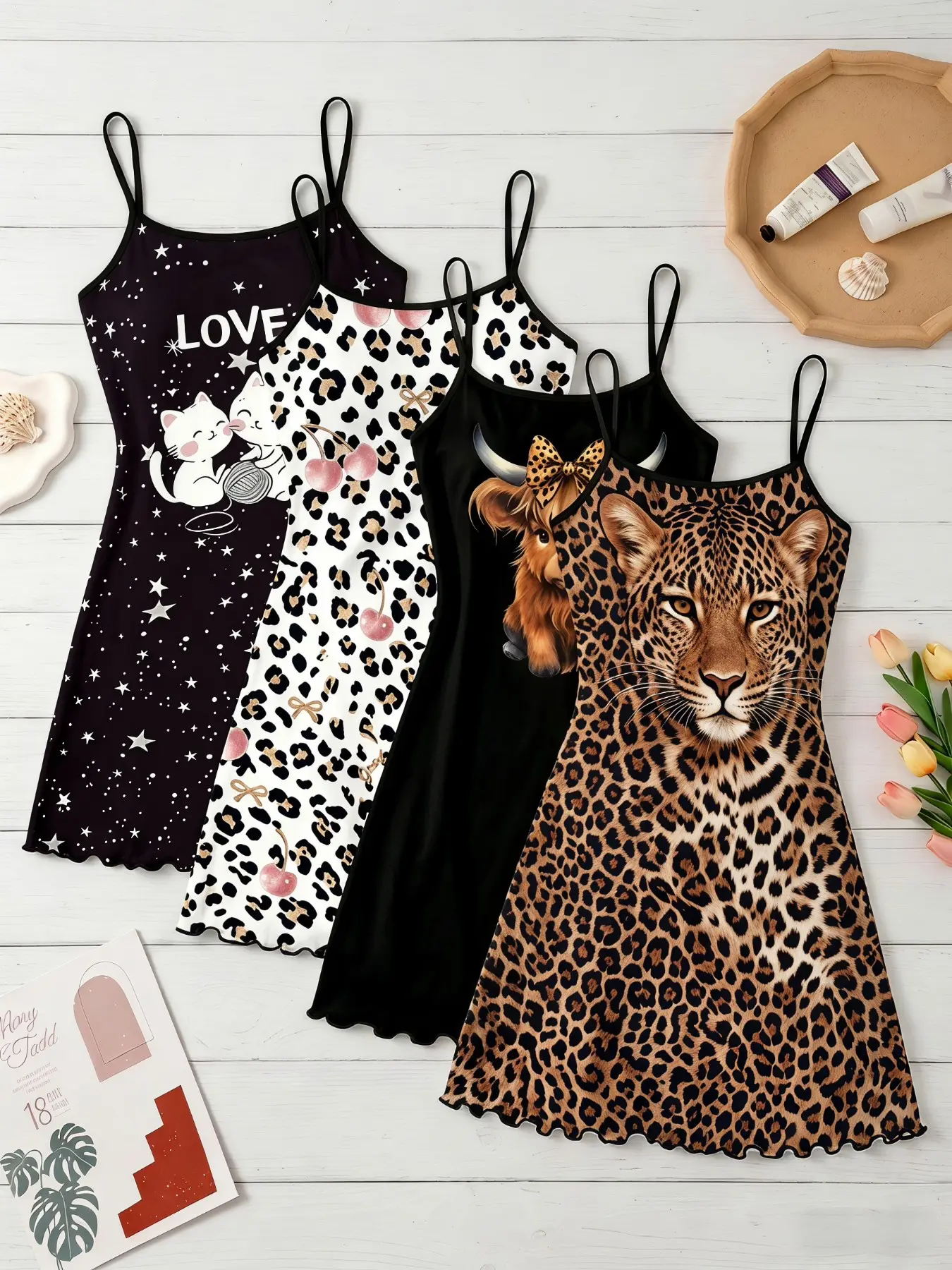4-Pack Women's Strapless Nightdresses, Leopard Print Animal Pattern, Casual Fitted Sleepwear, Spring Summer Home Essentials