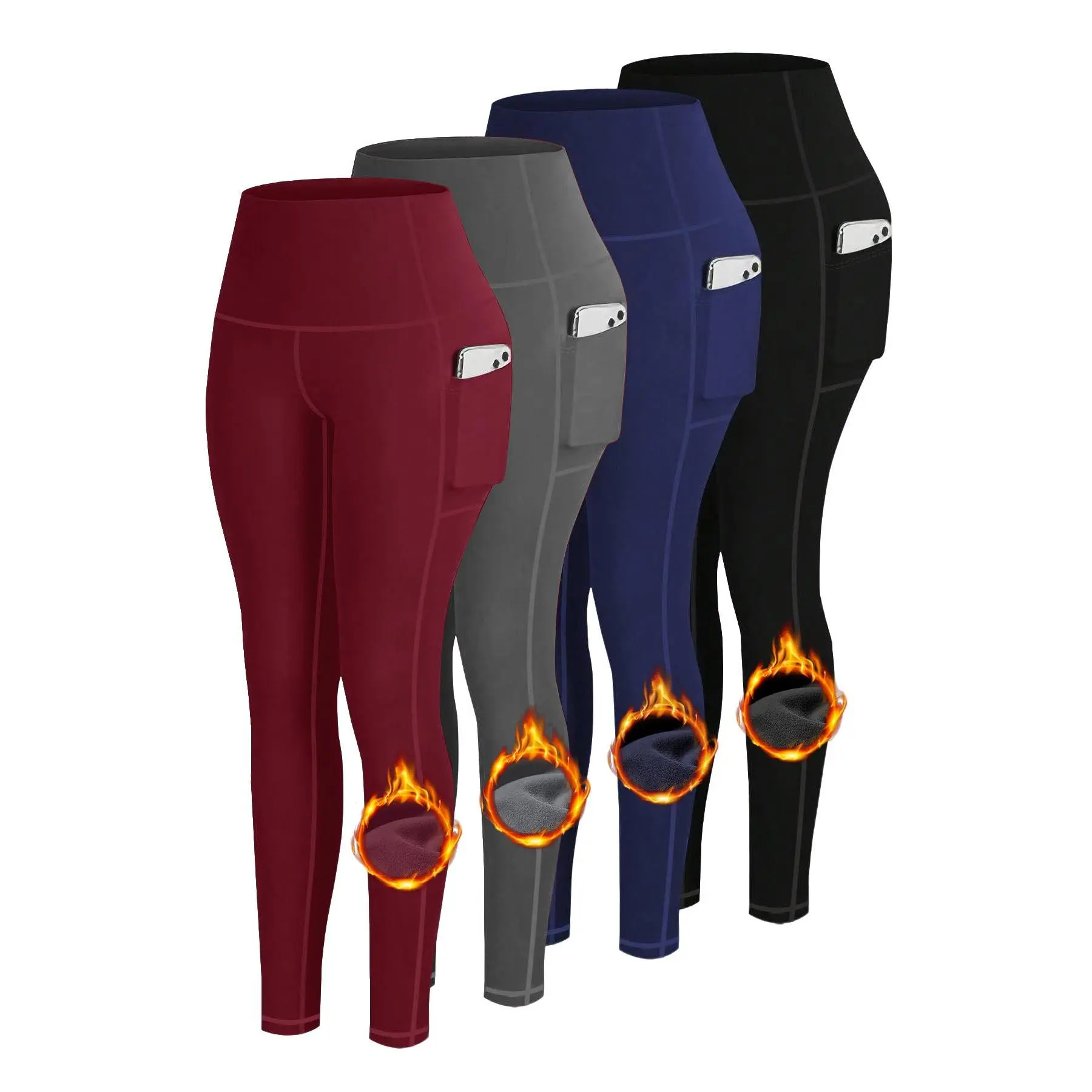 Women's 4-Pack Thermal Lined Yoga Leggings with Phone Pockets High Waisted Sports Leggings for Yoga Sports Winter Warm Sportswear Outdoor