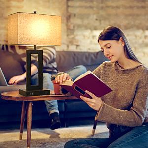 2Pc Touch Control Table Lamp with 2 USB Ports, 3-Way Dimmable Modern Nightstand Lamp Sets Bedside Touch Desk Lamp with Fabric Cream Shade For Bedroom Table Living Room Reading, Included Bulbs