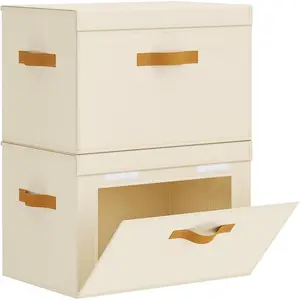 Large Storage Bins with Lids - Front Opening Fabric Storage Bins, Flap Closet Organizer with Handles, Collapsible Boxes with Lid, Decorative Basket for Home, Dorm, 2 Pack, Beige