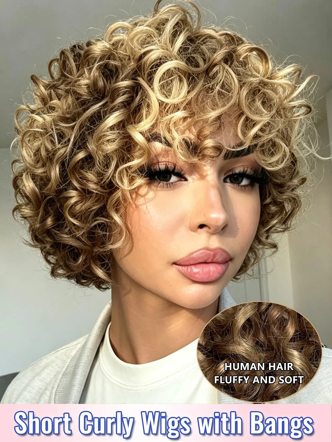 Full Machine Made Human Hair Wig for Women, Short Curly Bangs in Honey Golden Brown, Features Loose Soft Curl Texture and Breathable Lightweight Construction for Daily Wear, Fluffy Curly Wig