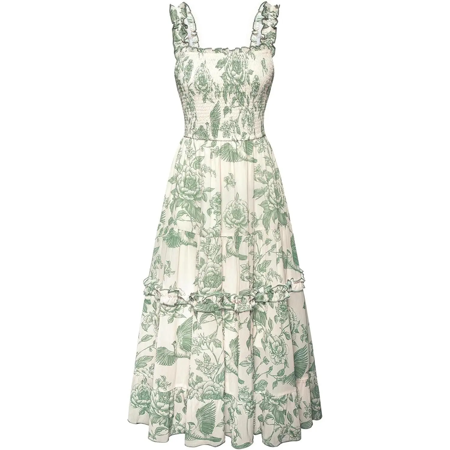 Women's Scarlet Floral Spaghetti-Strap Square-Neck Sleeveless Tiered Smocked Printed 2026 Cottagecore Casual Sundress