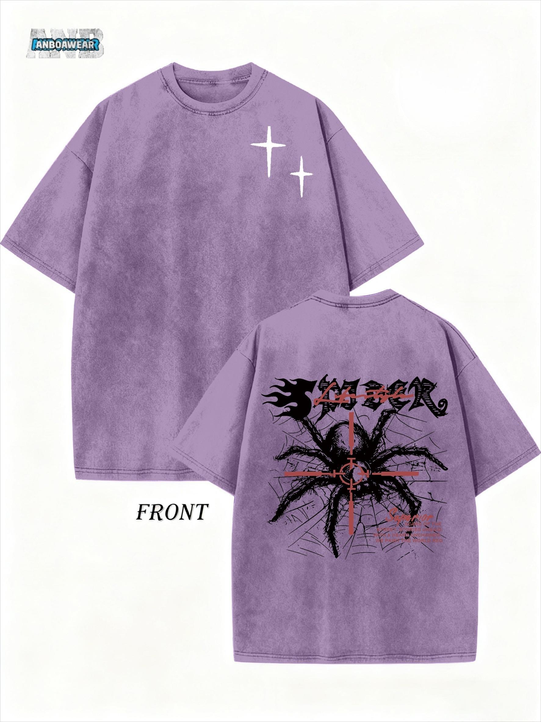 Vintage Harajuku Street Spider Double-Sided Print Pattern, Men's Vintage Streetwear Basic T-Shirt, Loose Hip-Hop and Androgynous Top, Washed Cotton Short-Sleeved Round-Neck T-Shirt for Summer Outdoor Men's Clothing.