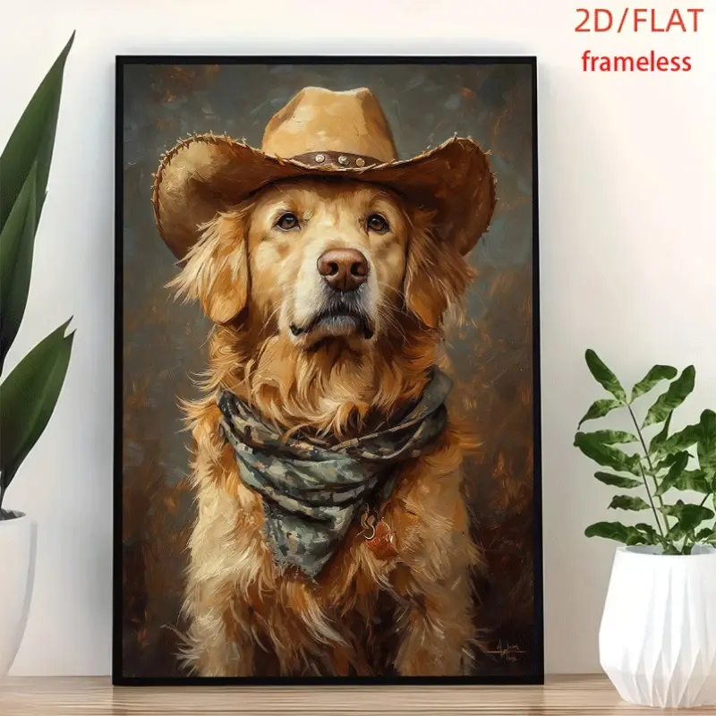 frameless Cowboy Golden Retriever Art Poster Art Decor Print Poster, Wall Art for Living Room, Bedroom, Office, Dining Room & Bar, Perfect Gift & Home Decor, 12in x 16in
