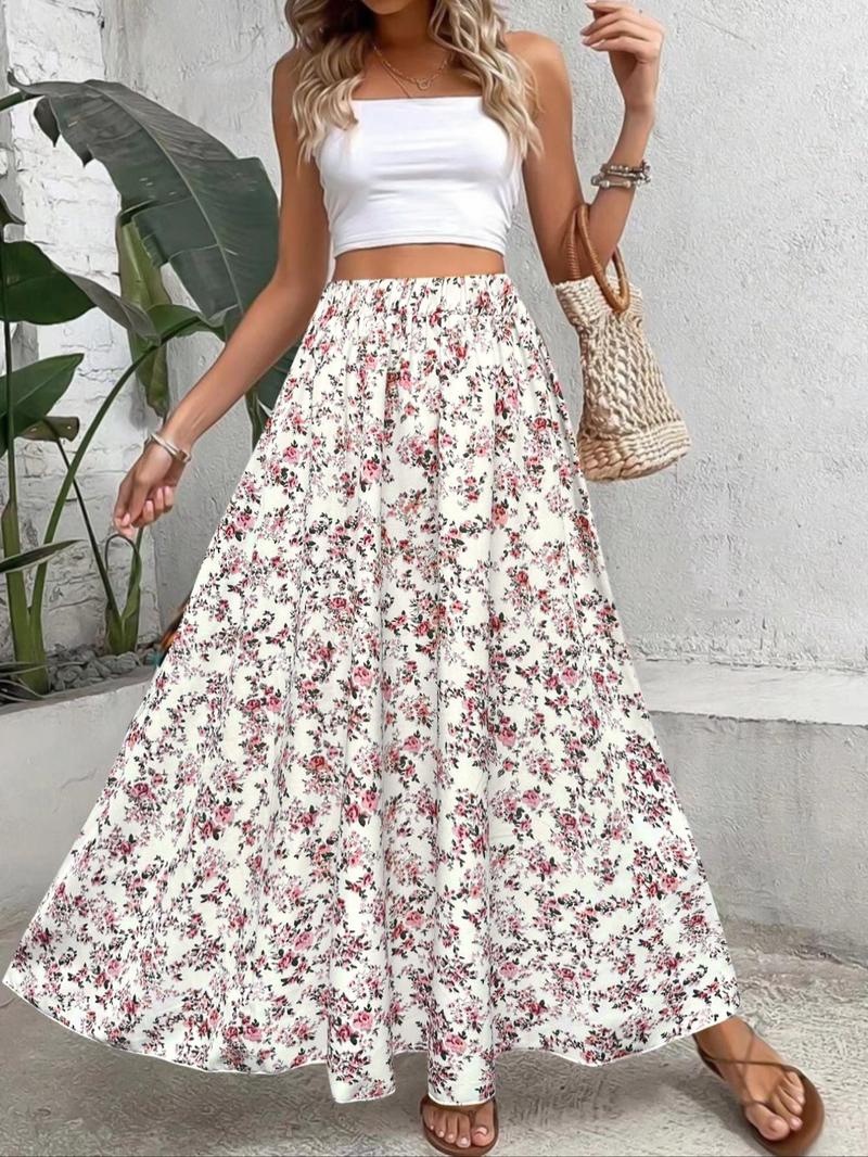 【Plus Size】 Ditsy Floral Print A Line Skirt, Boho Fashion Casual Elastic Waist Long Skirt for Daily Holiday Vacation Wear, Women's Clothing for All Seasons