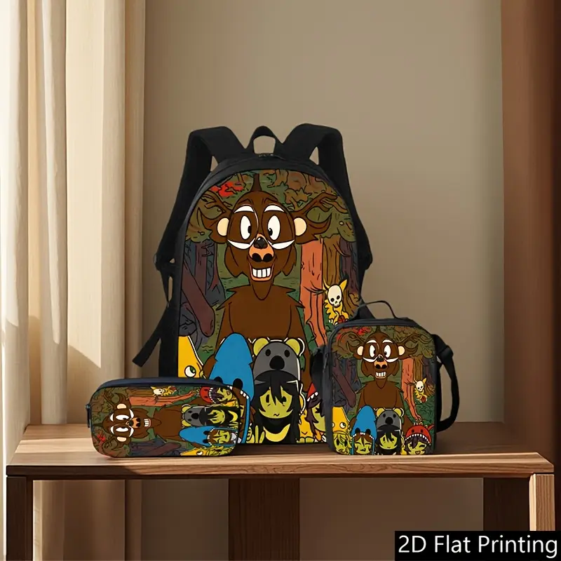 Unisex Kids 3-Piece Waterproof Oxford Fabric Backpack Set - School Supplies with Cartoon Print Forest Deer, Insulated Lunch Bag, Pencil Case, Breathable Padded Straps, Zipper Closure, Back to School Accessories