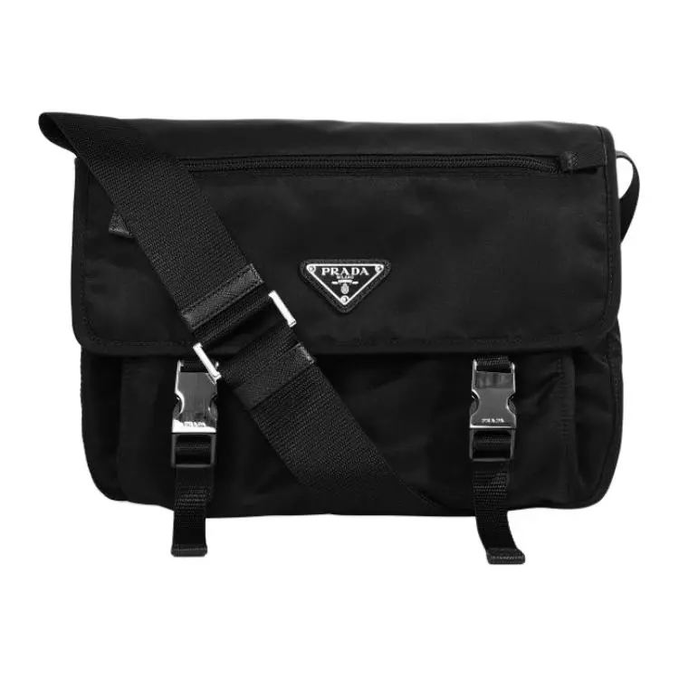 Prada Triangular Logo Double-Flap Messenger Bag for Men and Women, Nylon Crossbody Shoulder Bag, Black