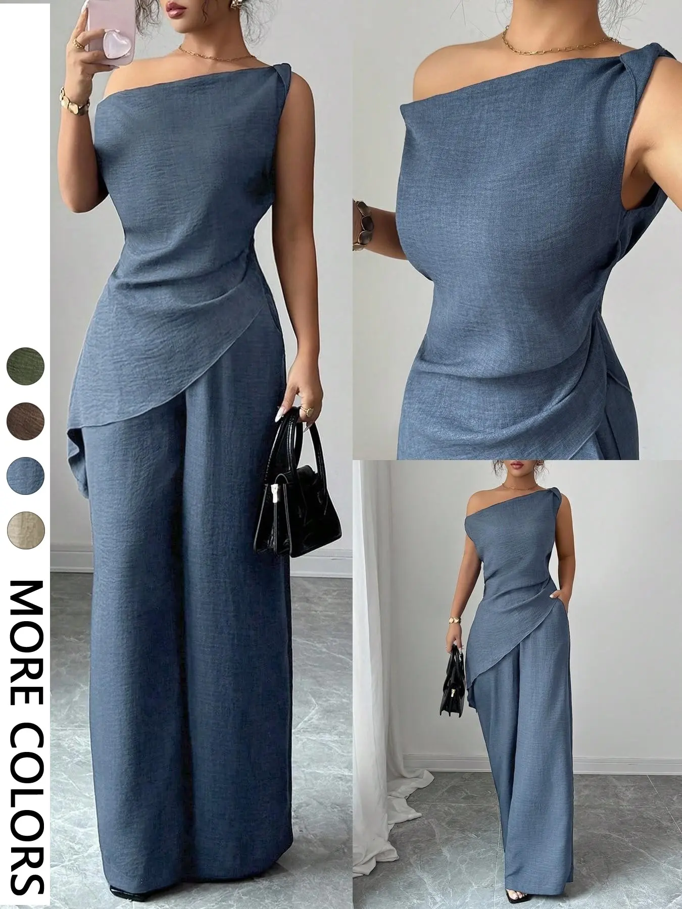 Women's 2-Piece Set, One-Shoulder Blouse with Ruffle, Baggy Wide-Leg Pants, Casual Oversized Loose-Fit Suit, All Seasons, Plain Pattern, Clothes